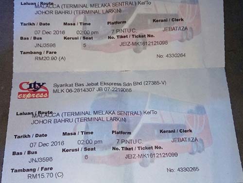 Tiket bus dari Malaka ke Johor