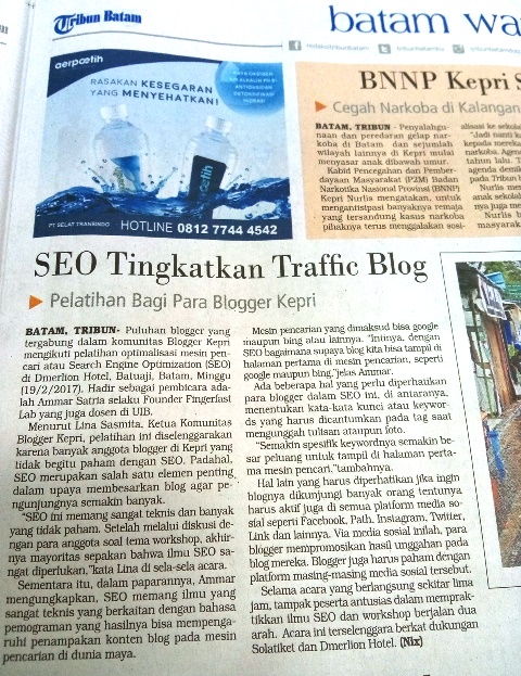 Pemberitaan tentang kegiatan Workshop SEO Blogger Kepri pada harian Tribun Batam. Foto by menixnews.com