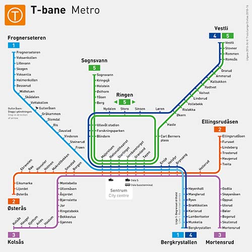 Linjekart for T-banen gjeldende fra 3. april 2015